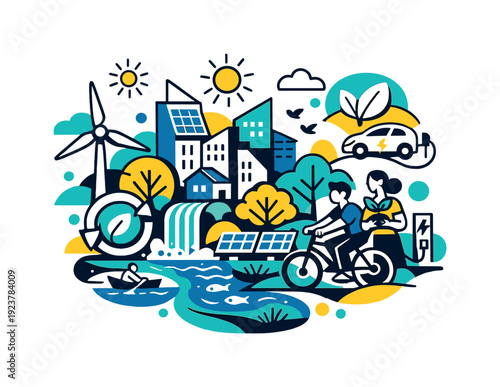 Green smart city concept. Abstract urban blocks merge with trees, water, and clean energy