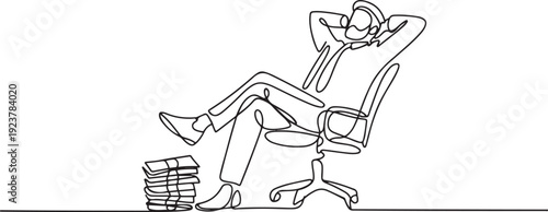 Continuous one line drawing Arab businessman sitting relaxed in a work chair. Foot resting on stacks of banknotes. Dreams of success come true. Marvelous. one line Icon drawing