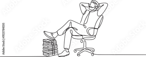 Continuous one line drawing Arab businessman sitting relaxed in a work chair. Foot resting on stacks of banknotes. Dreams of success come true. Marvelous. one line Icon drawing