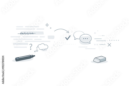 Whiteboards partially erased. Abstract editorial scene of layered text and marker symbols fading into soft lines and motion dots. Visual metaphor for thought