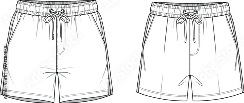 Blank mens elastic waist shorts fashion flat sketch vector template technical drawing for apparel design mockup illustration with drawstring outline