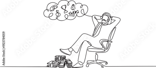 Continuous one line drawing Arab businessman sitting relaxed in a work chair. Foot resting on stacks of banknotes. Dreams of success come true. Marvelous. one line Icon drawing
