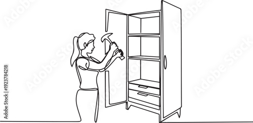 Single one line drawing repair, maker or constructions of wood home furniture. Woman carpenter is assembling of wardrobe or cabinet with shelves. one line Icon drawing