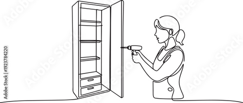Single one line drawing repair, maker or constructions of wood home furniture. Woman carpenter is assembling of wardrobe or cabinet with shelves. one line Icon drawing