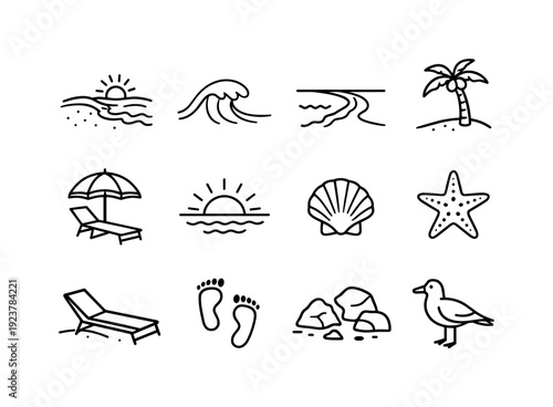 Beach landscapes. Line outline icon set of beach landscapes: sandy beach, ocean waves,
