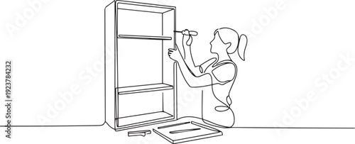 Single one line drawing repair, maker or constructions of wood home furniture. Woman carpenter is assembling of wardrobe or cabinet with shelves. one line Icon drawing