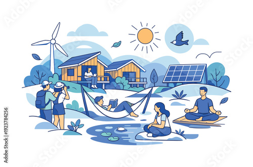 Eco lodge entrepreneurship. Wooden cabins powered by sun and wind, guests enjoying nature