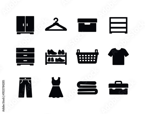 Closet organization. Filled icon set of Closet organization: wardrobe, hanger, storage box,