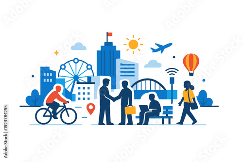 City lifestyle a simple editorial scene with urban architecture and people silhouettes arranged harmoniously, conveying coexistence, opportunity, and modern