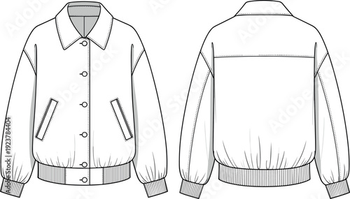 Blank oversized bomber jacket vector flat sketch template mockup front and back view fashion illustration technical drawing design tech pack