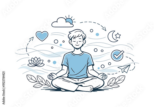 Mindfulness in daily life. A calm person sitting quietly with closed eyes, slow breathing