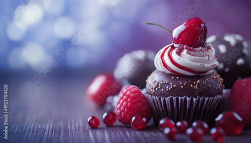 Decadent Gourmet Chocolate Cupcake with Swirled Frosting, Fresh Cherry, and Raspberries