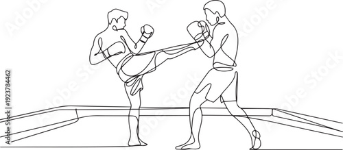 One continuous line drawing of two young sporty men kickboxer athlete exercise for sparring fight at gym center. Combative kickboxing sport concept. one line Icon drawing