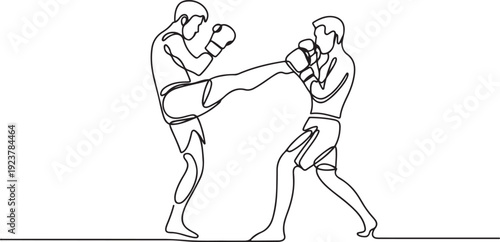 One continuous line drawing of two young sporty men kickboxer athlete exercise for sparring fight at gym center. Combative kickboxing sport concept. one line Icon drawing