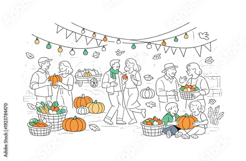 Fall harvest festival celebration. A joyful village square with pumpkins, apples and baskets