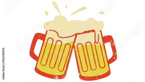 Two beer mugs clinking together with foam overflowing, celebrating a toast, viewed from the front