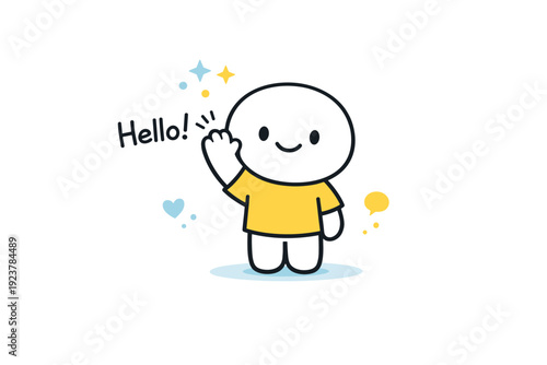 Cute characters. A single character waving hello with a cheerful gesture. Friendly introduction moment, warmth and openness without facial