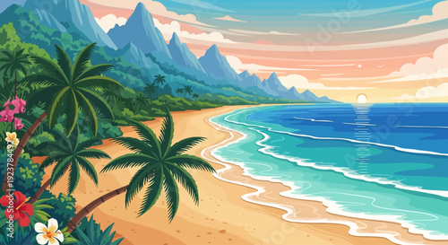 Sweeping coastal panorama of a curved sandy beach with turquoise waves and leaning palm trees against a backdrop of jagged tropical mountains at sunset