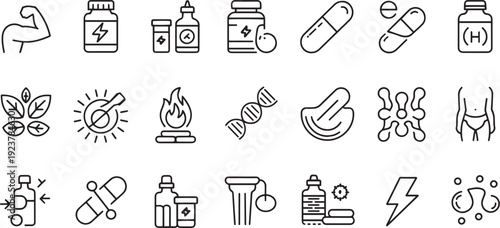 Collection of medical and health care icons representing supplements anatomy and science concepts in a clean line art style