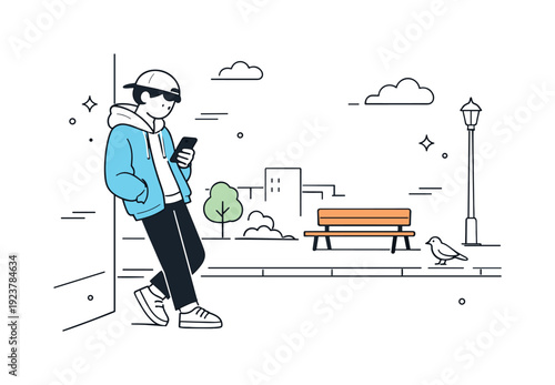 Urban Digital Disengagement. Urban boredom aesthetics. Person leaning against a wall scrolling a phone without interest, quiet city background and still air.