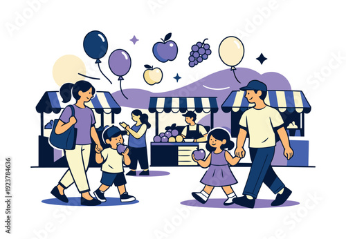 Weekend market vibe. Families walking between stalls, kids holding apples, balloons and