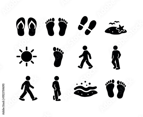 Wearing flip-flops. Filled icon set of Wearing flip-flops: flip flops, bare feet, walking