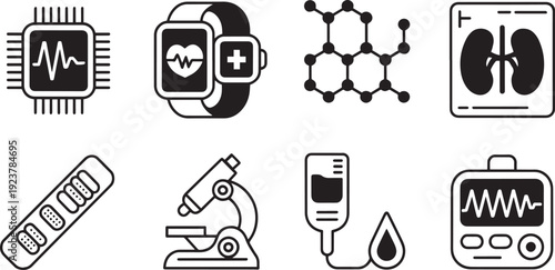 Collection of medical and scientific icons isolated on transparent background