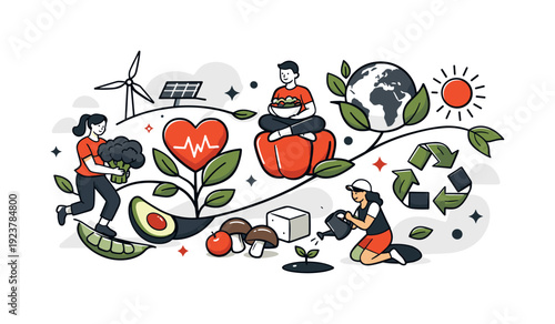 Sustainable food choices. Plant-based foods growing into eco icons, leaves connecting diet