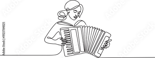 Single one line drawing woman musician playing accordion. Female performer plays acoustic musical instrument. Accordionist perform playing. one line Icon drawing