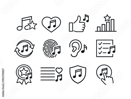 Choosing Favorite Songs. Line outline icon set of Choosing Favorite Songs: star song icon,