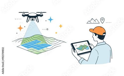 Drone mapping project. A drone scanning an area with visible topographic lines and floating abstract stars, a person observing results on a