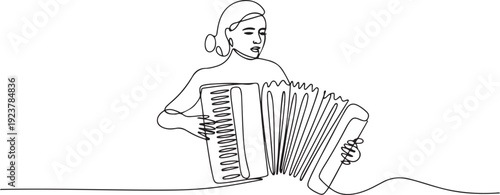 Single one line drawing woman musician playing accordion. Female performer plays acoustic musical instrument. Accordionist perform playing. one line Icon drawing