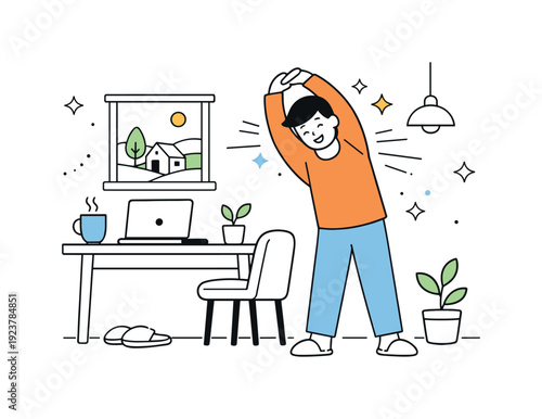 Morning remote work routine. A person stretching beside a desk in a small rural home before starting work on a laptop, abstract stars and