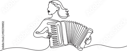 Single one line drawing woman musician playing accordion. Female performer plays acoustic musical instrument. Accordionist perform playing. one line Icon drawing
