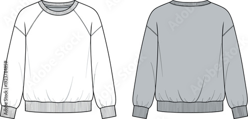 Blank raglan sleeve sweatshirt fashion flat vector illustration template showing front and back views for technical clothing design mockup presentations.