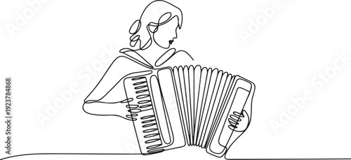 Single one line drawing woman musician playing accordion. Female performer plays acoustic musical instrument. Accordionist perform playing. one line Icon drawing