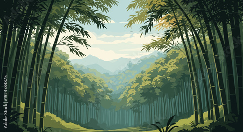 Zen bamboo forest path leading towards distant blue mountains under a soft morning sky in a minimalist and peaceful vector illustration
