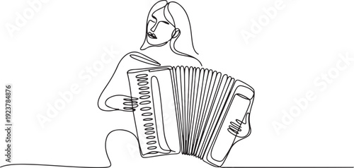 Single one line drawing woman musician playing accordion. Female performer plays acoustic musical instrument. Accordionist perform playing. one line Icon drawing