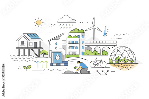 Climate adaptation architecture resilient design. An abstract editorial composition combining multiple adaptive architecture details into one balanced scene.