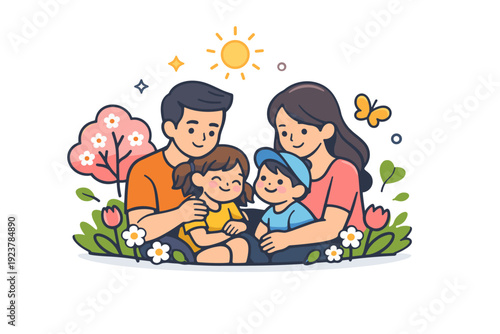Family love spring concept warm family moment outdoors with parents and children surrounded by blooming nature, expressing care, togetherness, and seasonal