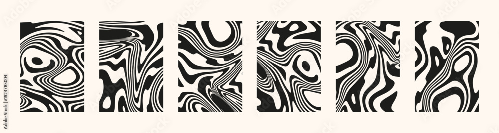 Obraz premium Psychedelic swirl backgrounds. Vector retro wave groovy trippy wall art set. Black twisted geometric monochromatic neutral marble liquid backdrops. Vintage twirl bg. Psy trance culture flyers, posters