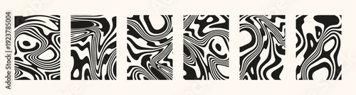 Psychedelic swirl backgrounds. Vector retro wave groovy trippy wall art set. Black twisted geometric monochromatic neutral marble liquid backdrops. Vintage twirl bg. Psy trance culture flyers, posters