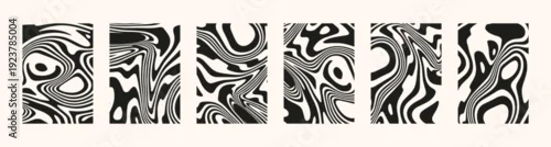 Obraz Psychedelic swirl backgrounds. Vector retro wave groovy trippy wall art set. Black twisted geometric monochromatic neutral marble liquid backdrops. Vintage twirl bg. Psy trance culture flyers, posters