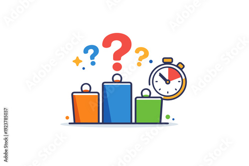 TV game shows representing trivia, knowledge challenges and quick thinking. A clear visual metaphor with question marks, a timer icon and podium shapes