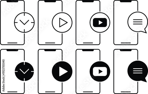 Smartphone icons for play chat clock and video on mobile devices