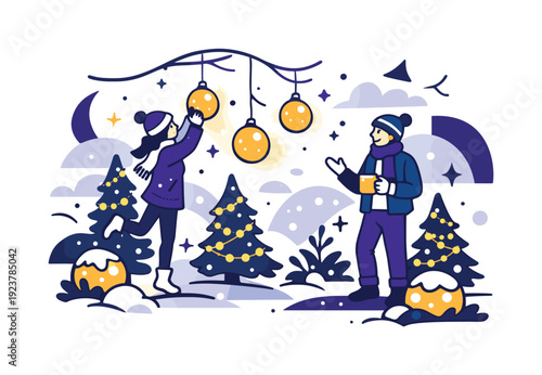 Garden holiday decor. Small trees wrapped in lights, glowing ornaments hanging gently, snow