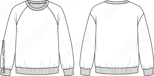 Blank unisex crew neck raglan pullover sweatshirt technical fashion flat sketch apparel vector template design front and back view illustration