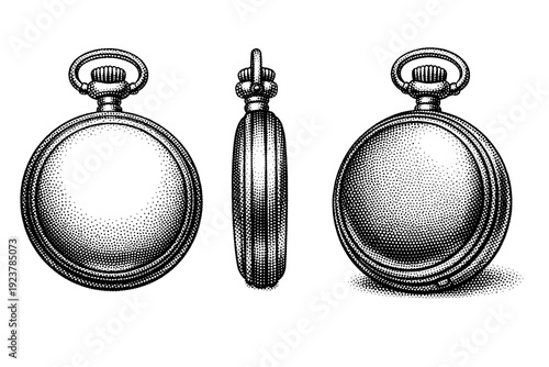 Dot art mechanical pocket watch case without markings shown from front view, side view, and three-quarter view as a single object set with realistic