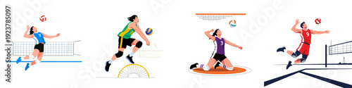 Dynamic Volleyball Players in Action: Illustrative Set of Sports Movement and Skill for Game and Competition