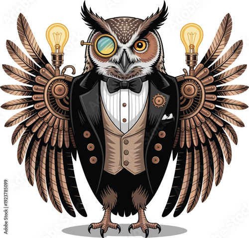 Steampunk owl with mechanical wings and goggles wearing a tuxedo suit design